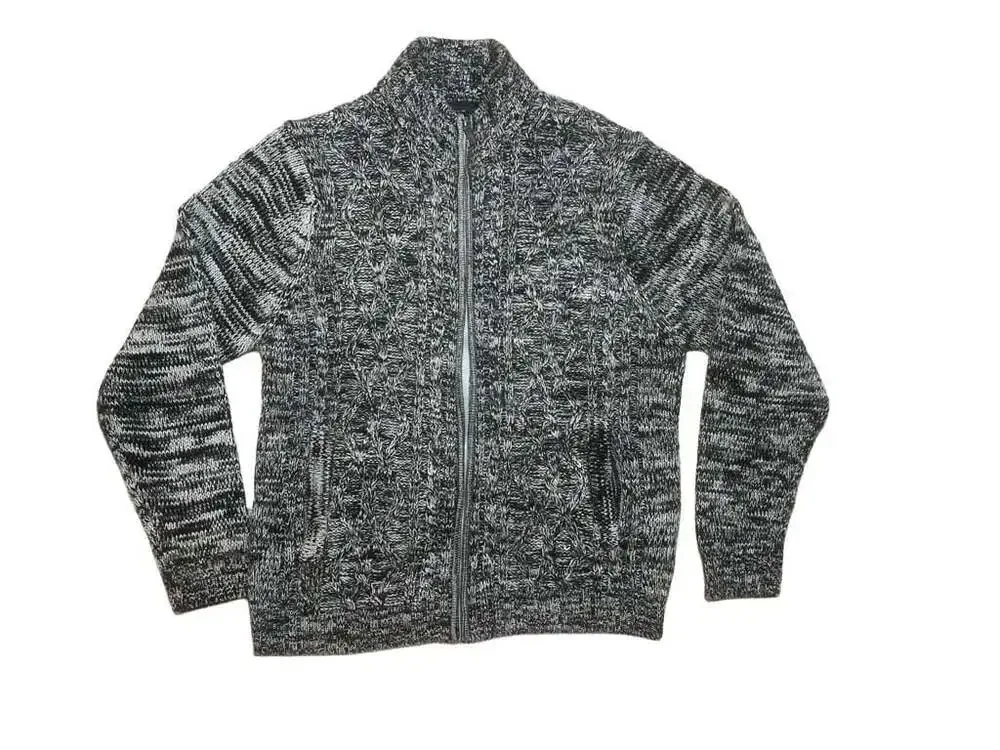 Gioberti Men's Full Zip Heavy Weight Twisted Marled Knit Sweater Black/White-L